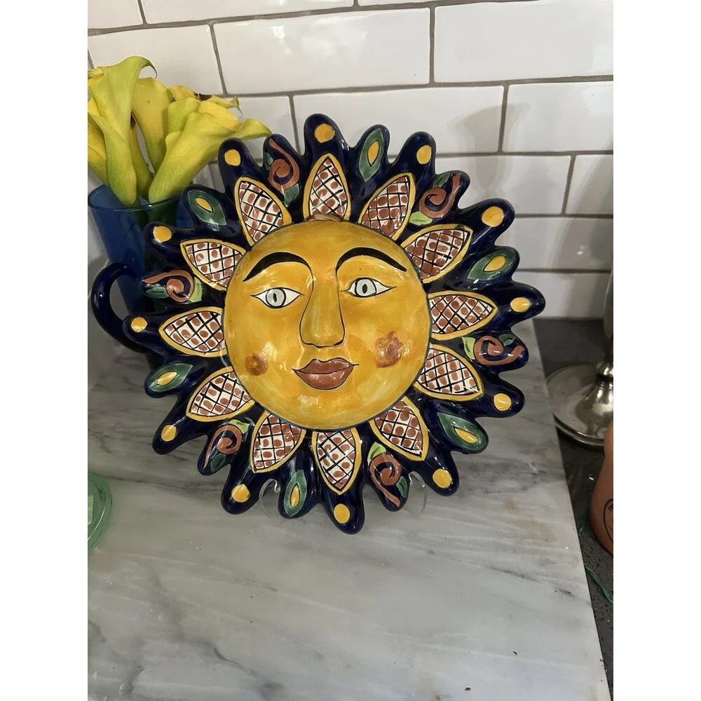 Talavera Style Sun Face Wall Art Hand Painted Ceramic Floral 12” Mexico Folk Art